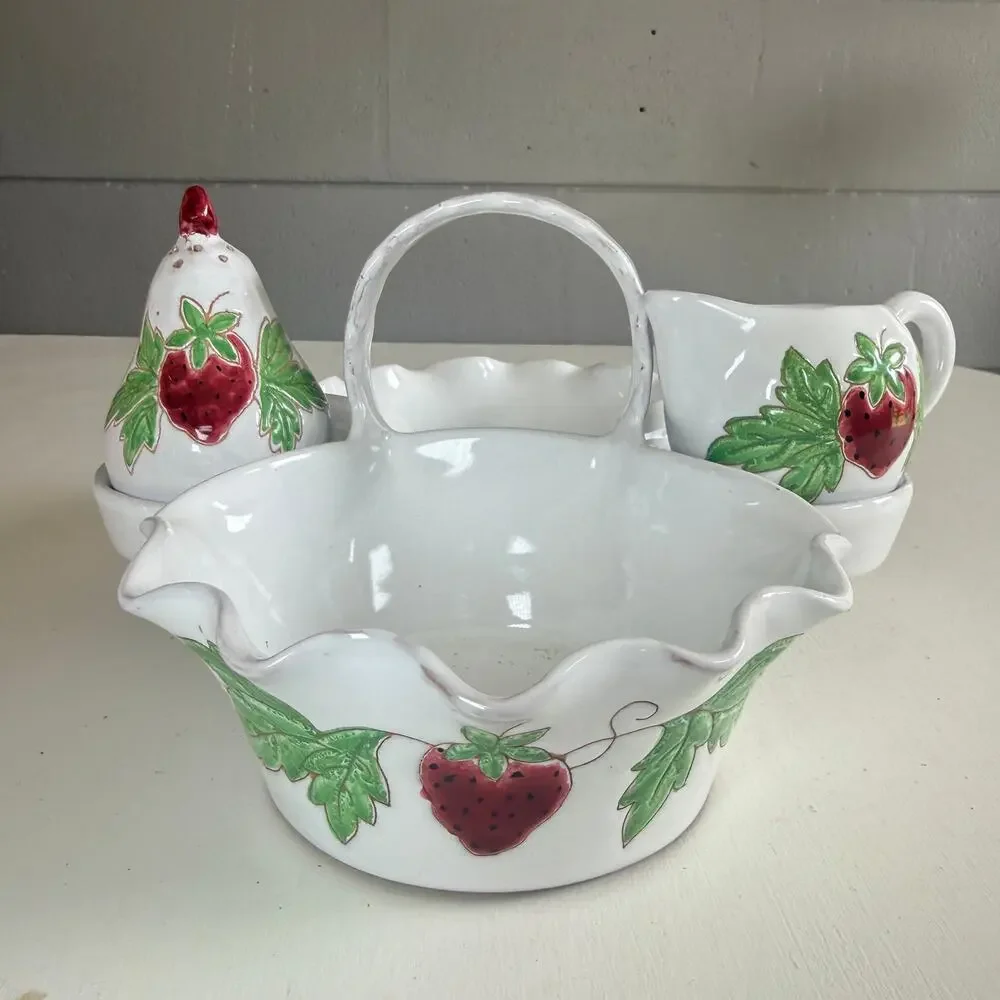 Vintage Italian Pottery Strawberry Creamer Sugar Cottagecore Serving Basket